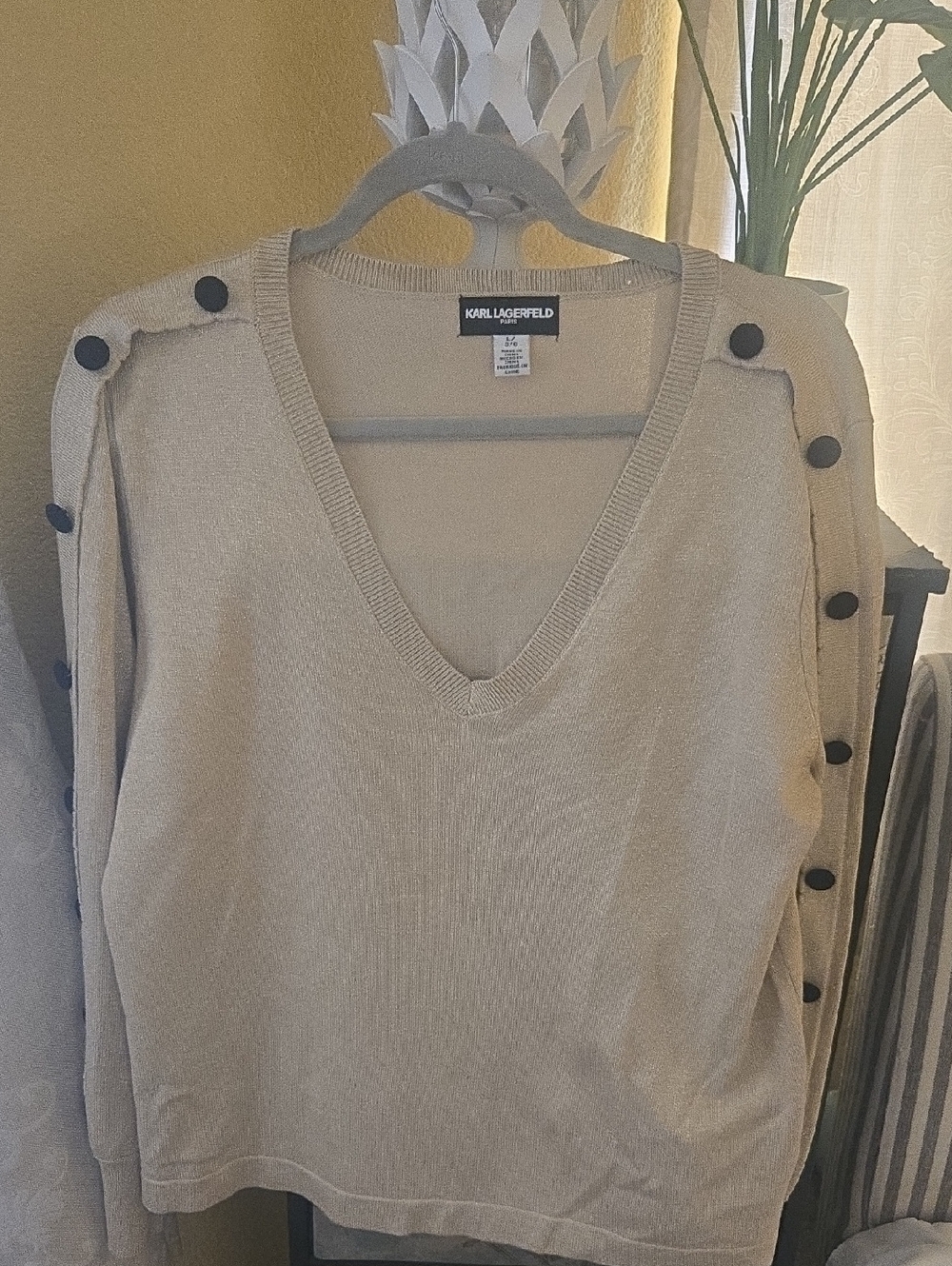 Karl Lagerfeld Beige V-Neck Sweater with Black Sleeve Buttons